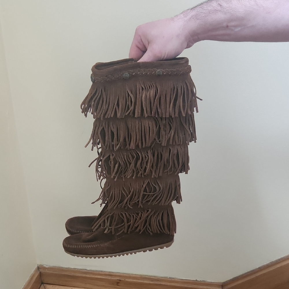 Brown Fringe Knee-High Boots